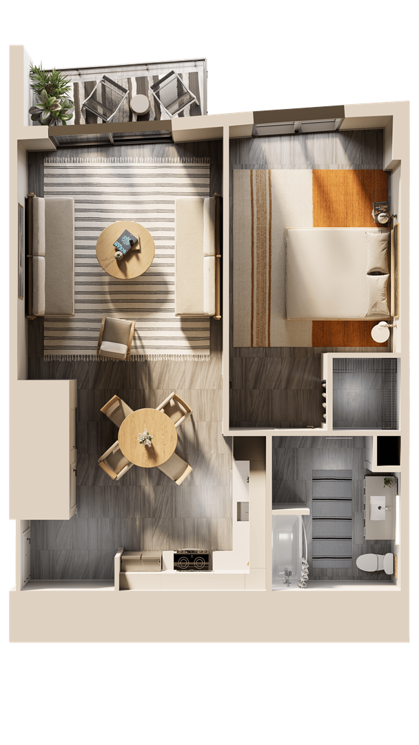 A cutaway view of a modern apartment layout.